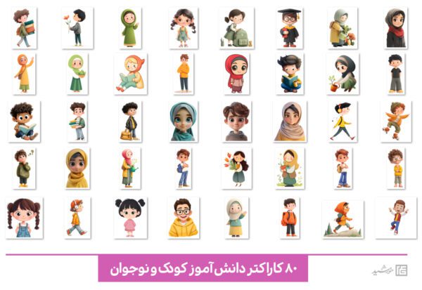 مجموعه تصویر کاراکتر انیمیشنی کودک و نوجوان برای چاپ و طراحی مجموعه فایل های گرافیکی لایه باز