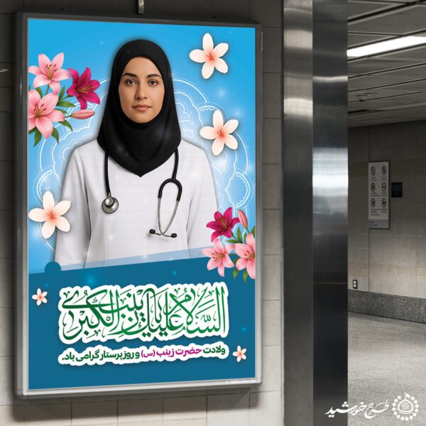 بنر لایه باز تبریک میلاد حضرت زینب و روز پرستار برای چاپ و طراحی طرح ولادت حضرت زینب س روز پرستار