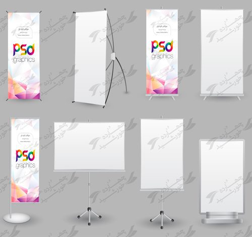 مجموعه موکاب و پیش نمایش لایه باز بنر استندی psd سری اول برای چاپ و طراحی موکاب بنر استندی لایه باز
