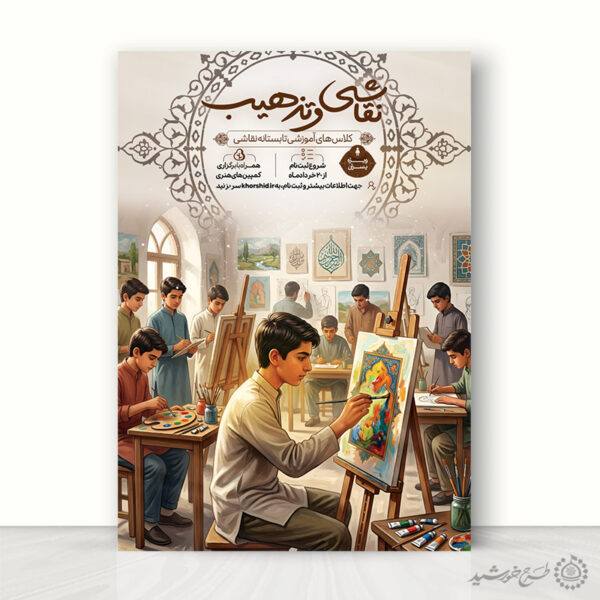 پوستر لایه باز دوره آموزش طراحی، تذهیب و نقاشی برای چاپ و طراحی پوستر طرح اوقات فراغت