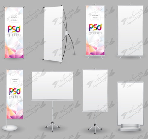 مجموعه موکاب و پیش نمایش لایه باز بنر استندی psd سری اول برای چاپ و طراحی موکاب بنر استندی لایه باز
